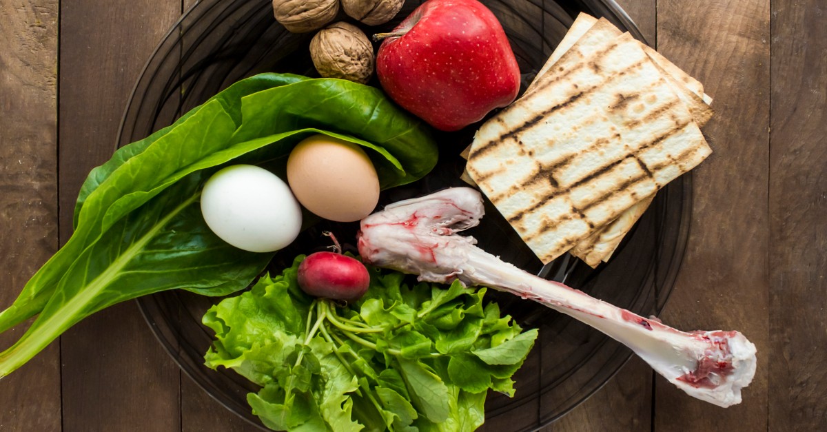 passover meal on round seder plate eggs lamb unleavened bread - was Jesus vegan